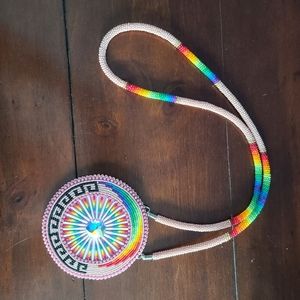 Native beaded medallion necklace - rainbow & pink